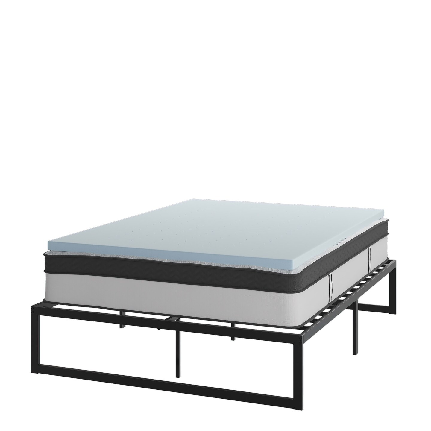 Emma and Oliver Complete Bed Set: Metal Platform Frame; Hybrid Pocket Spring Mattress in a Box and Cool Gel Memory Foam Topper