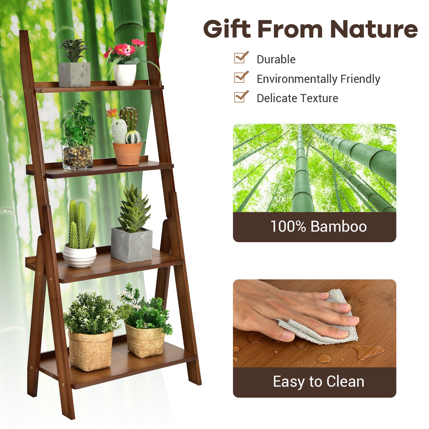 4-Tier Bamboo Ladder Shelf Bookcase for Study Room