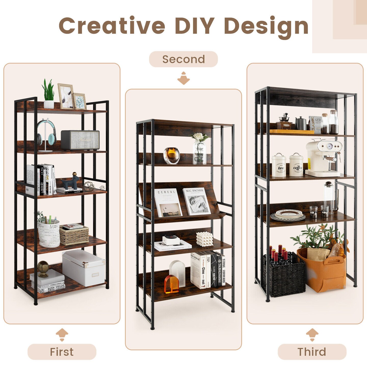 Industrial Bookshelf Storage Shelf Display Rack with Adjustable Shelves-5Tier