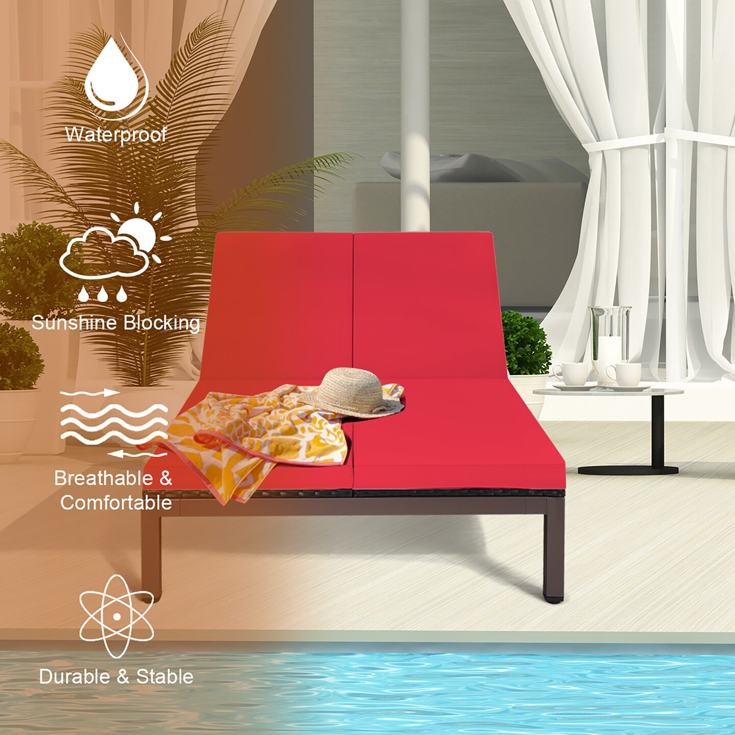 Costway 2-Person Patio Rattan Lounge chair Chaise Recliner Adjustable Cushioned Red