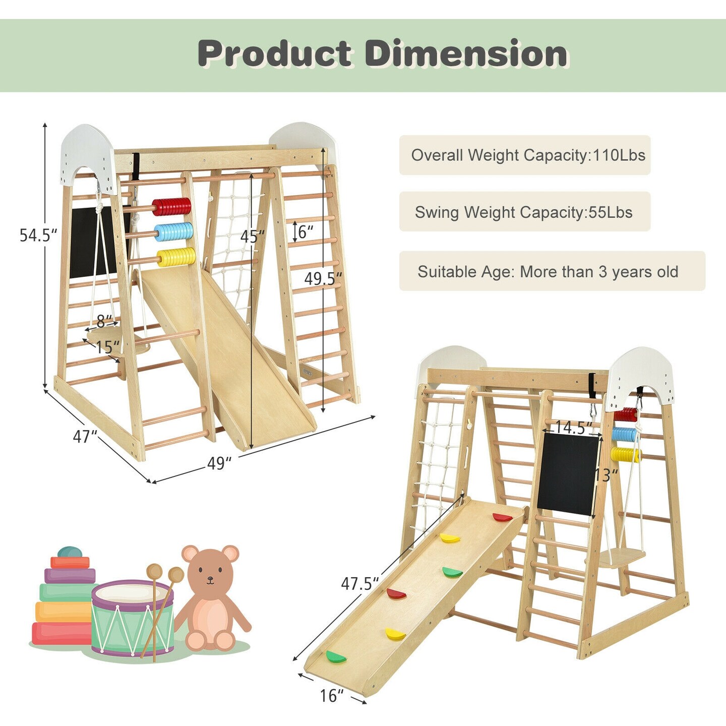 8-in-1 Multi-Functional Kids Wooden Climber Gym Playset Suitable for Indoor or Outdoor Space