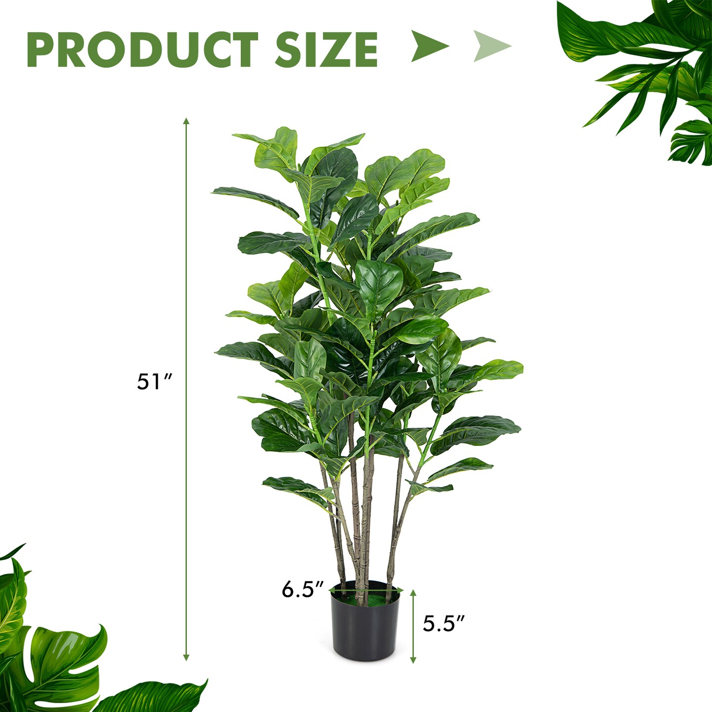 51'' Faux Fiddle Leaf Fig Tree Set of 2 Potted Artificial Plants for Living Room Bedroom Office