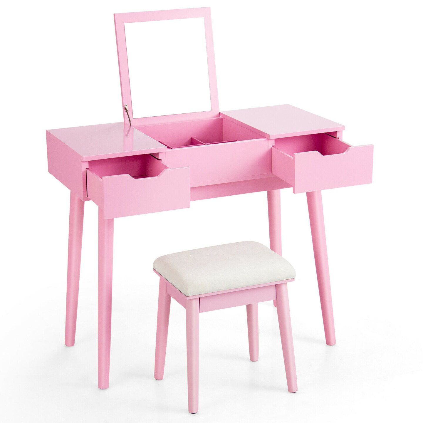 Makeup Vanity Desk with Stool 2 Drawers 9 Removable Dividers Pink
