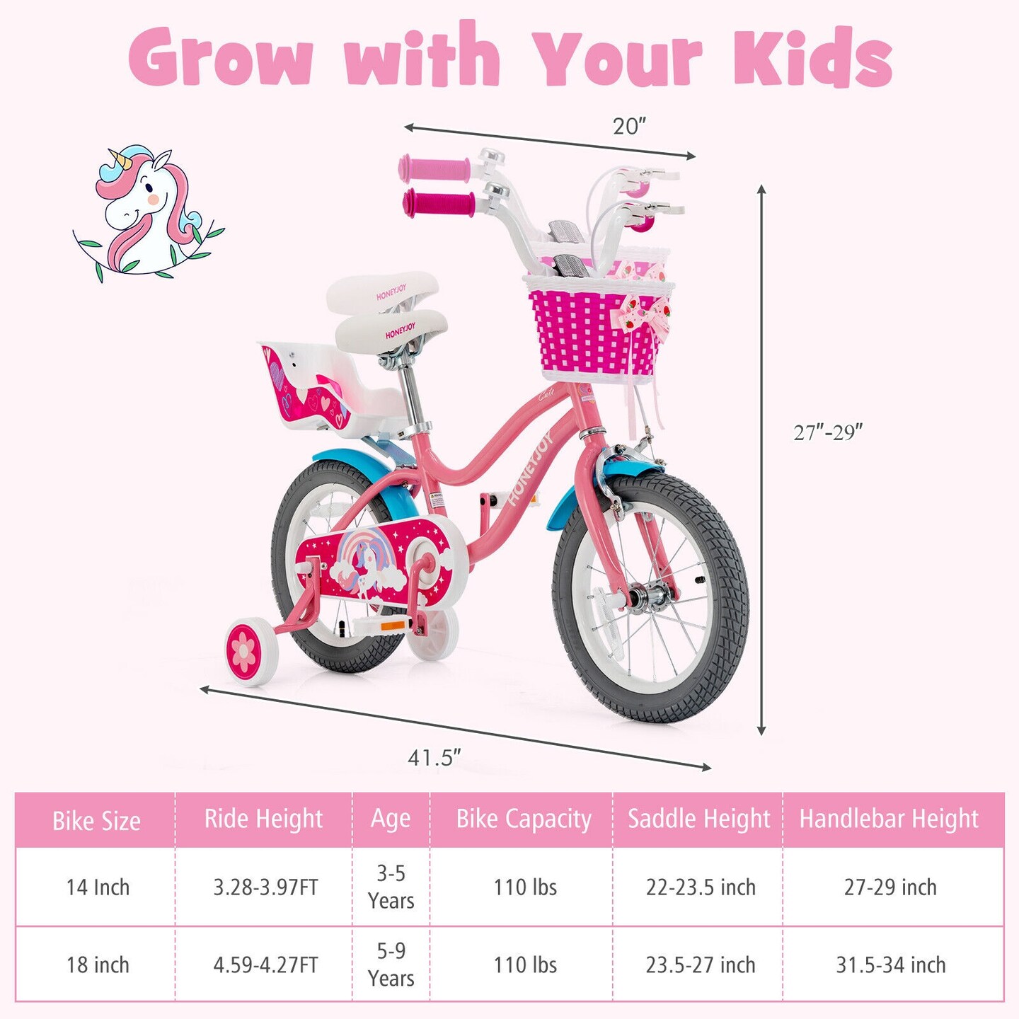 Pink Kids Bicycle with Training Wheels and Beautiful Basket for Girls