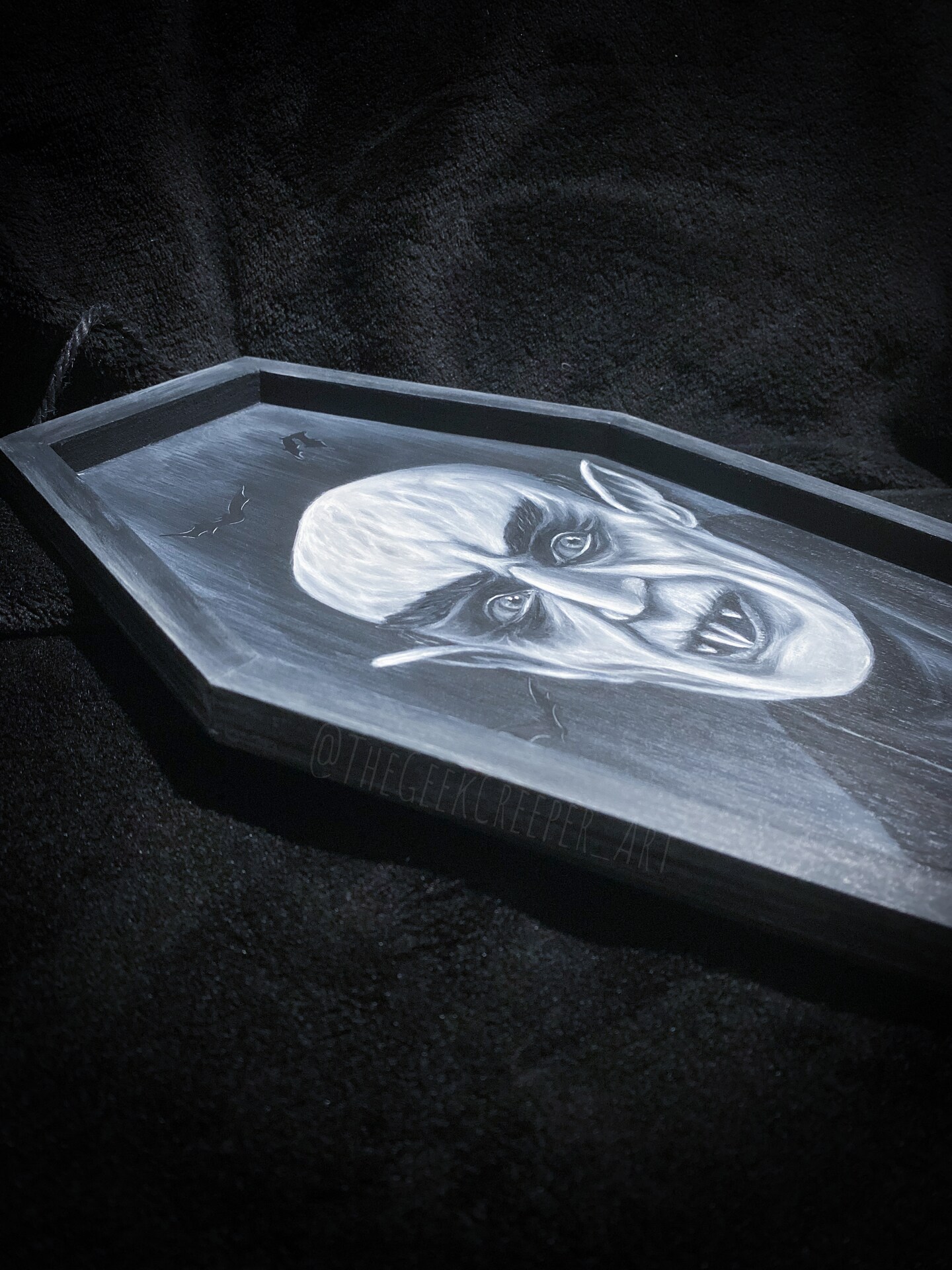 Count Orlok painting on coffin shaped wood panel 18”x8” product 5