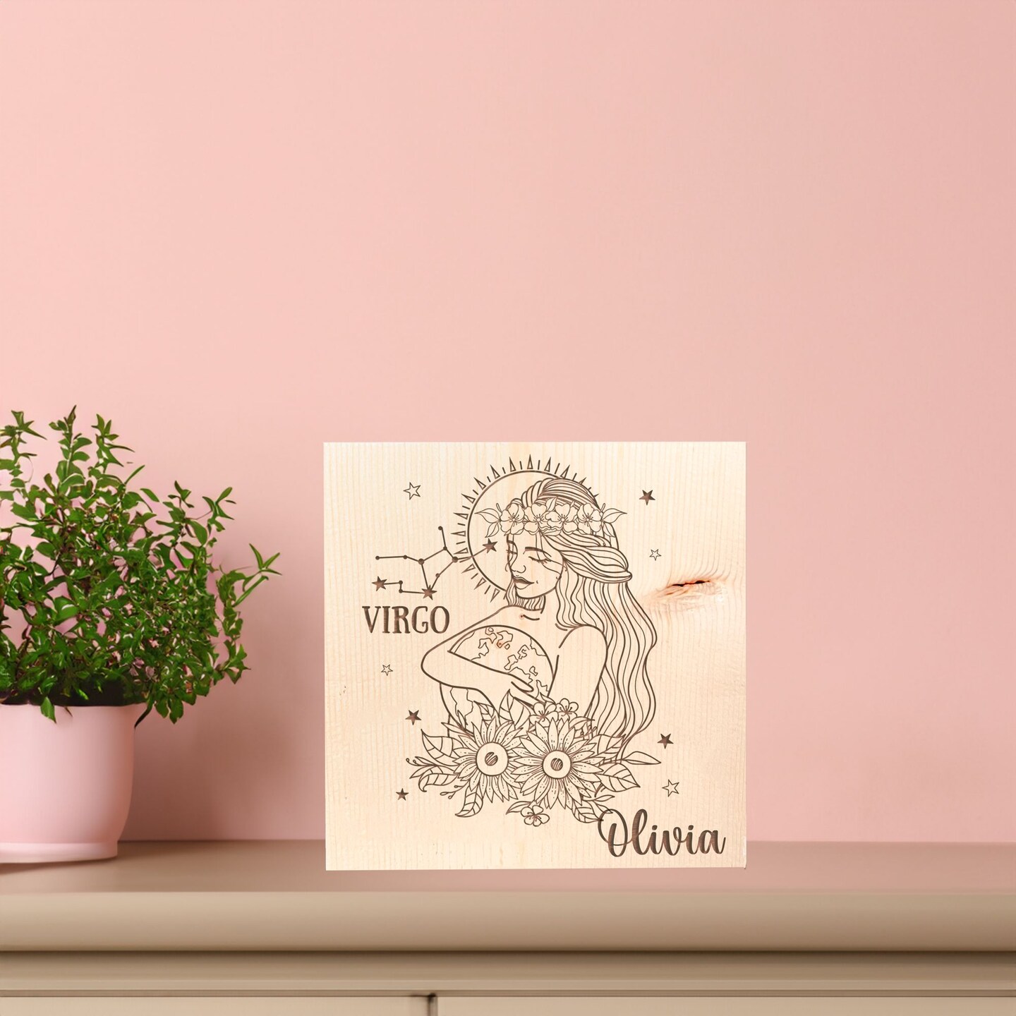 Personalized Zodiac Engraved Wood Sign, Zodiac Sign Decor, Personalized Name Birthday Gift for ...