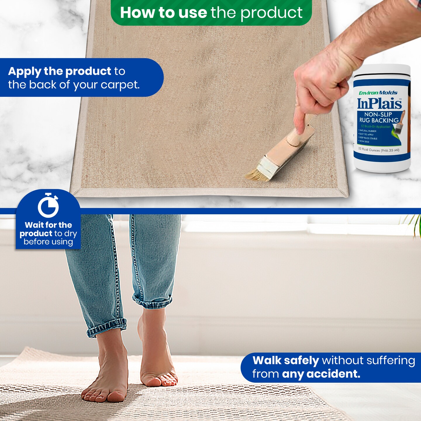 InPlais Non-Slip Area Rug Backing (16 oz.) Fabric & Floor Safe Latex Layer | Kitchen, Bathroom, Hallway, Living Room