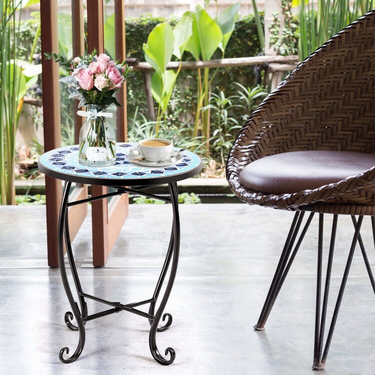Steel Mosaic Round Accent Table for Patio Lawn Garden