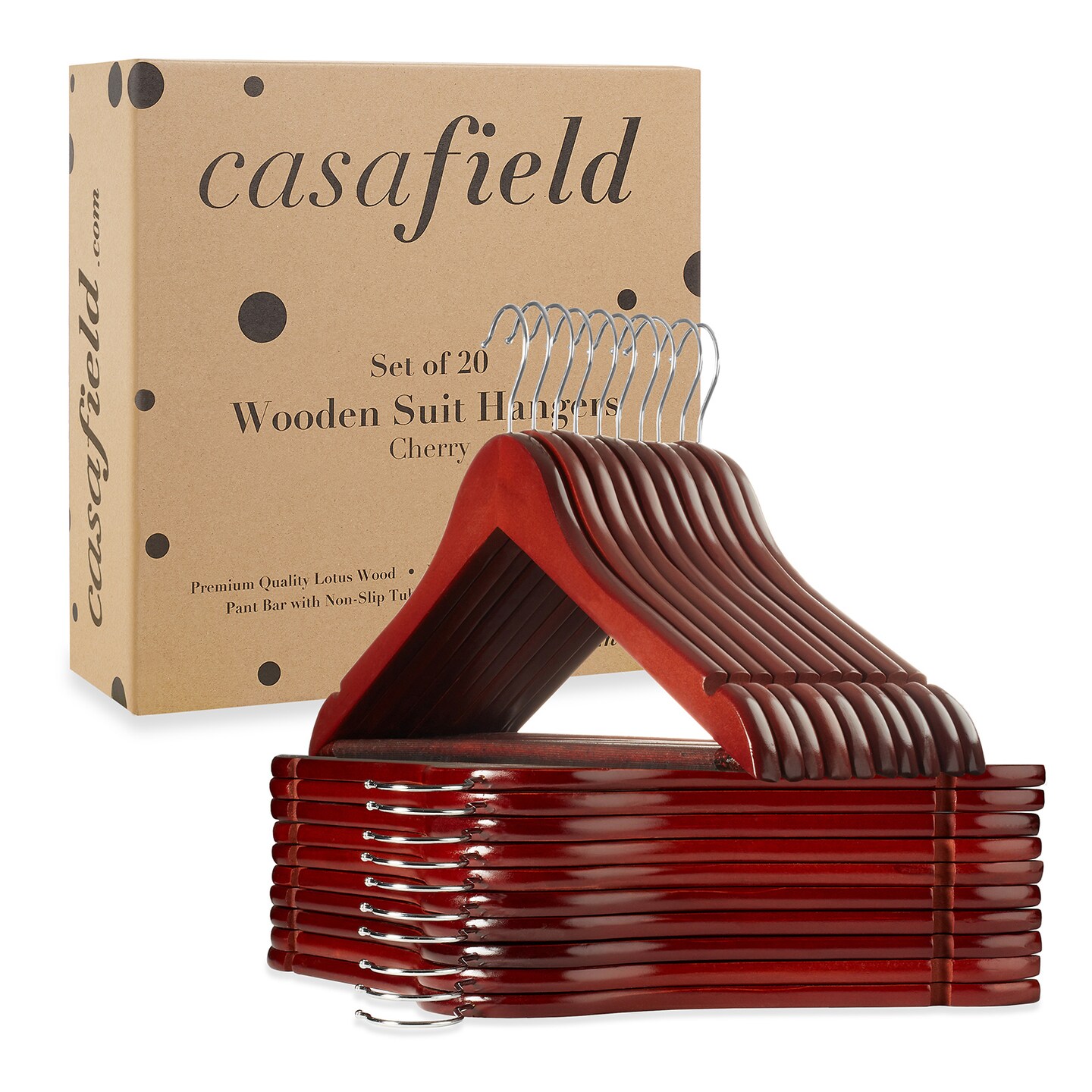 Casafield - 20 Wooden Suit Hangers - Premium Lotus Wood with Notches & Chrome Swivel Hook for Dress Clothes, Coats, Jackets, Pants, Shirts, Skirts
