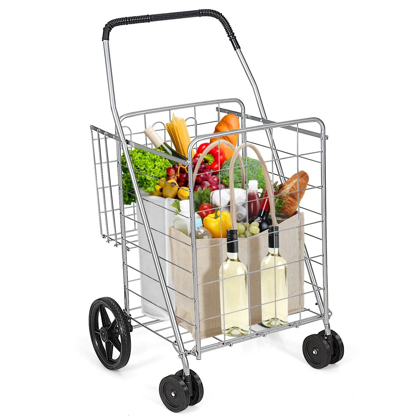Folding Shopping Cart for Laundry with Swiveling Wheels &#x26; Dual Storage Baskets