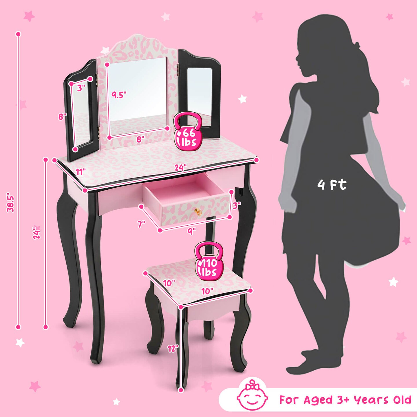 Pink Kids Vanity Table and Stool Set Tri-Folding Mirror MDF Leopard Print