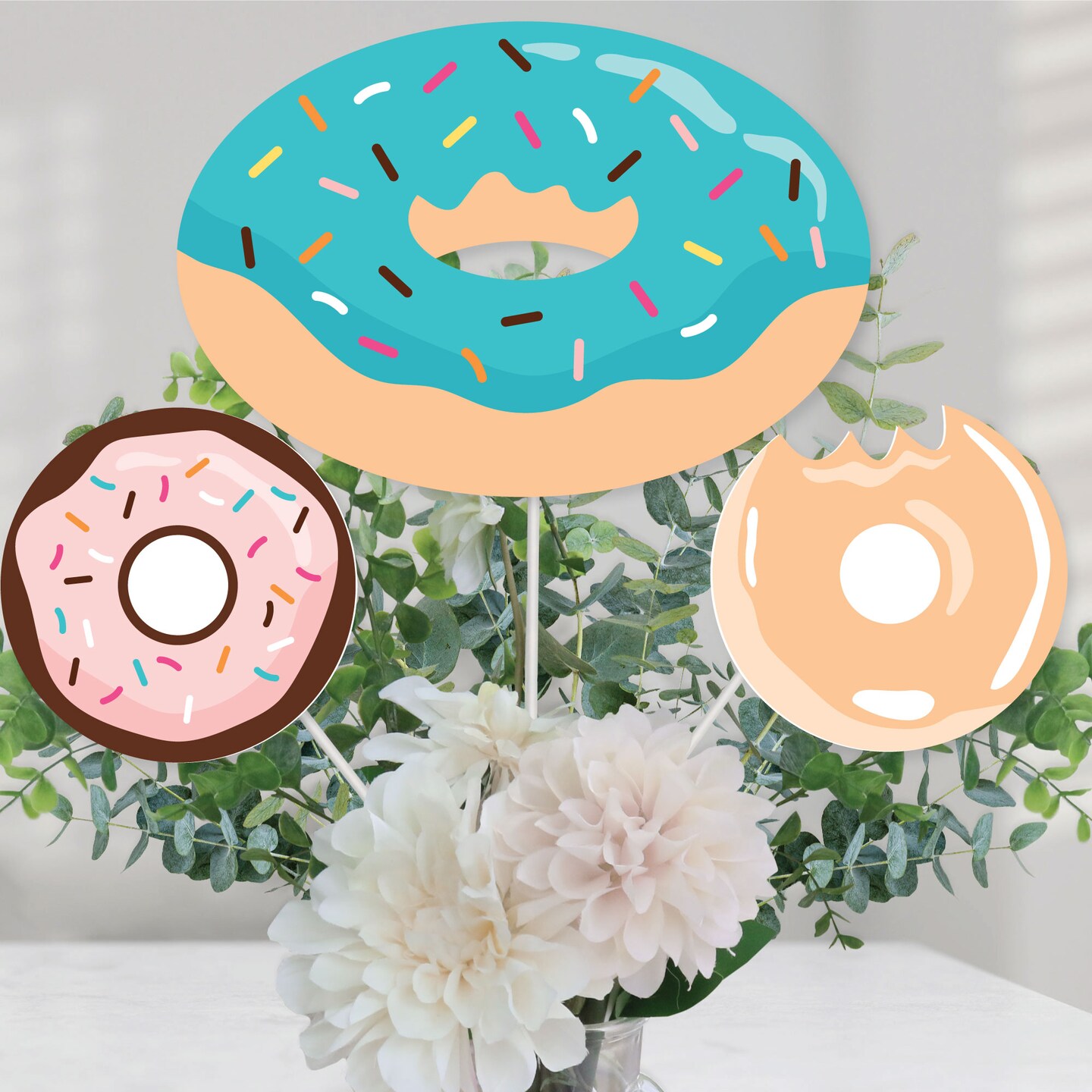 Big Dot of Happiness Donut Worry, Let&#x27;s Party - Doughnut Party Centerpiece Sticks - Table Toppers - Set of 15
