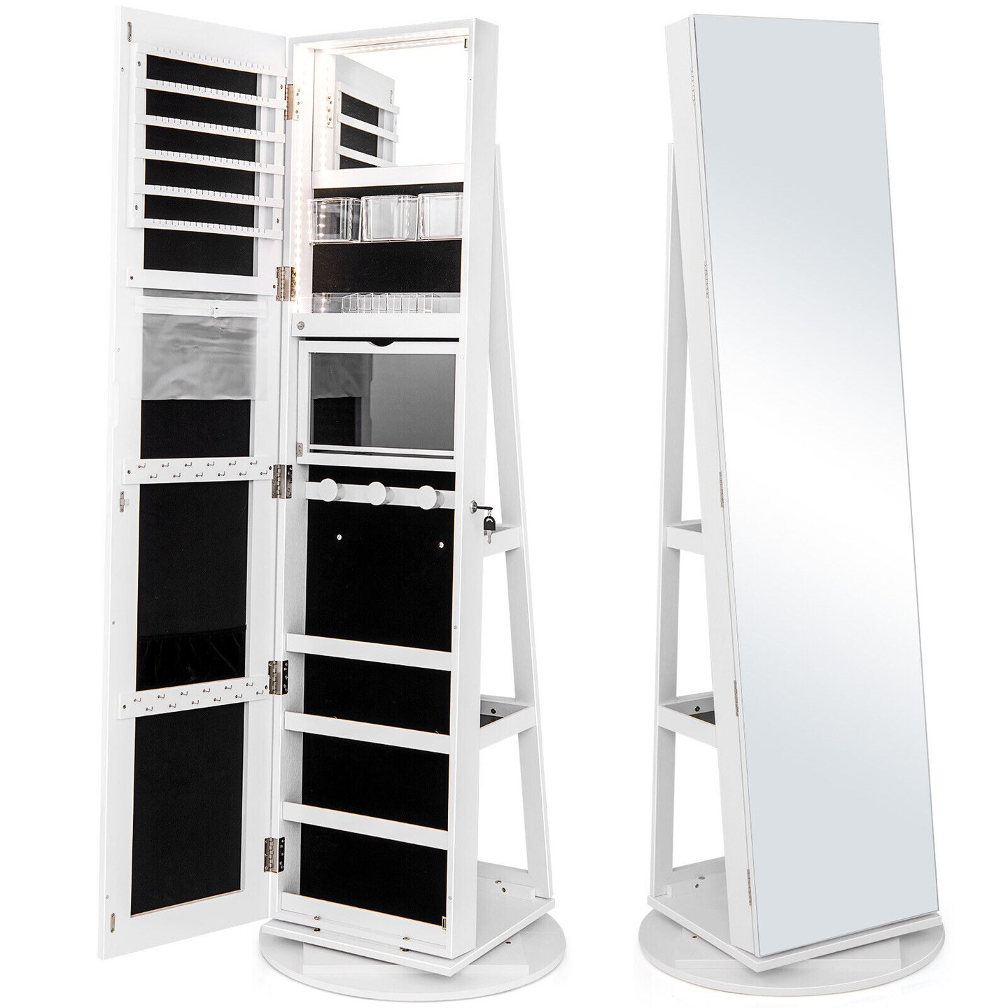 360 Degree Full Length Mirror Jewelry Armoire Cabinet with 3-Color LED Lights and Lockable Door