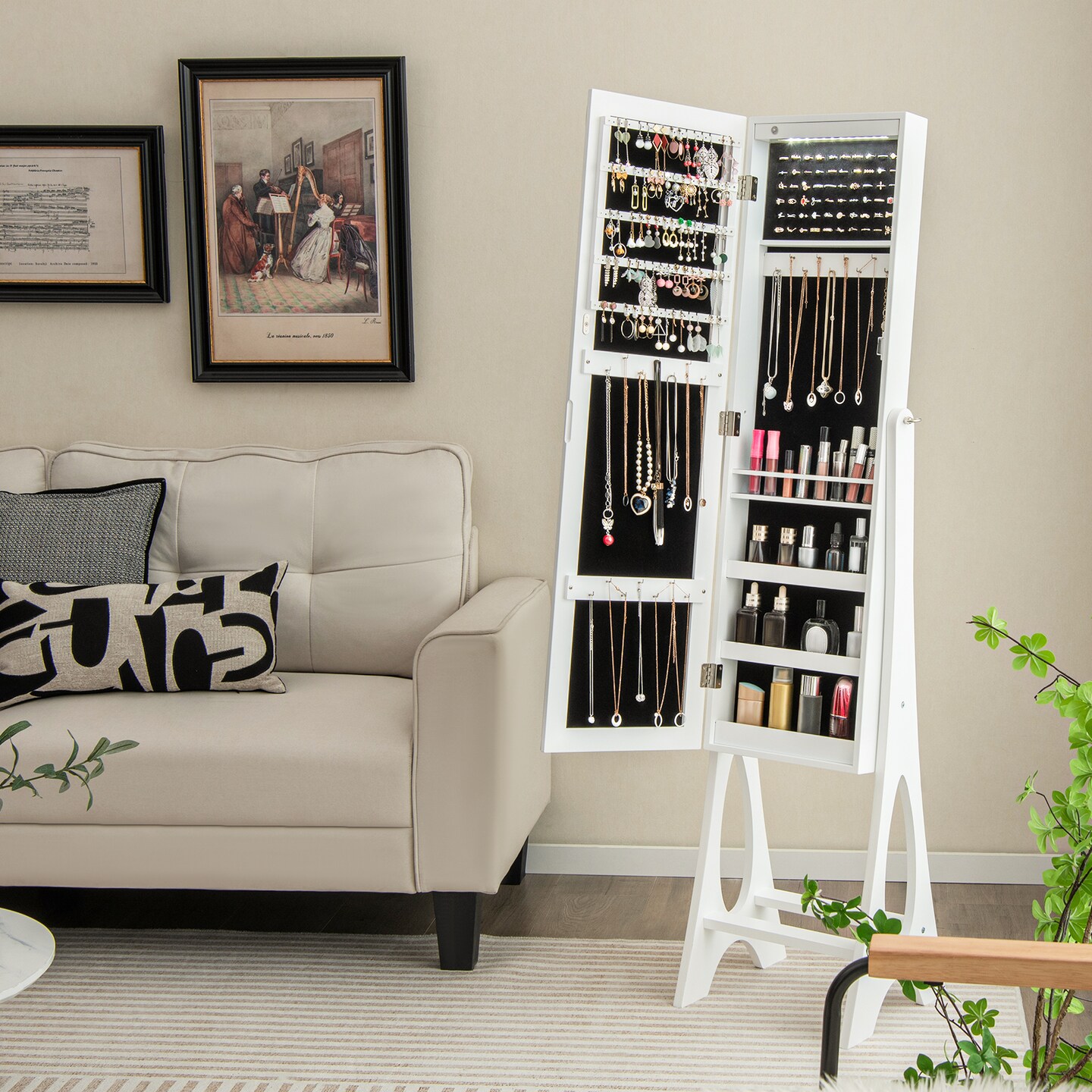 Freestanding Jewelry Cabinet Armoire Organizer with Bevel Edge Mirror