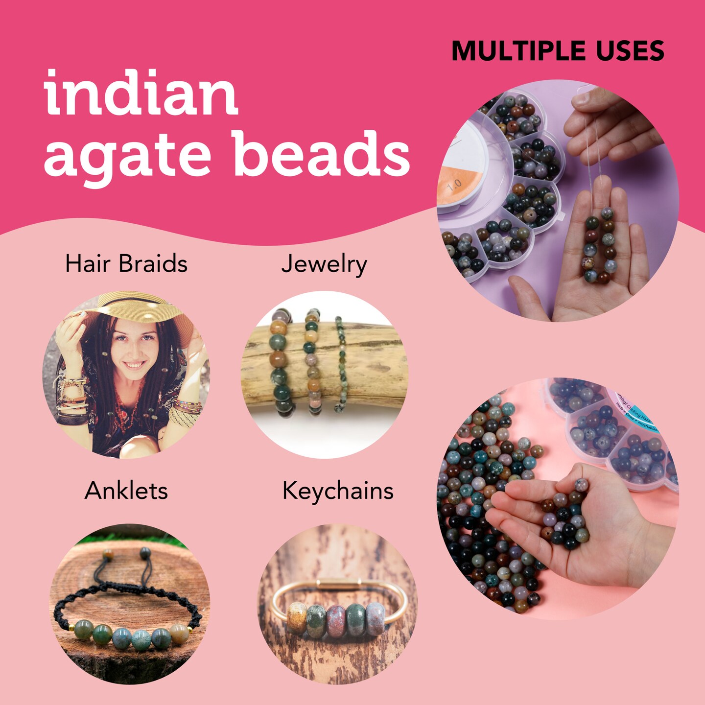 Incraftables Indian Agate Beads for Jewelry Making 8mm (200pcs). Best Natural Stone Beads for Jewelry Making. Assorted Gemstone Beads for Bracelet Making for Kids &#x26; Adults with Organizer &#x26; String