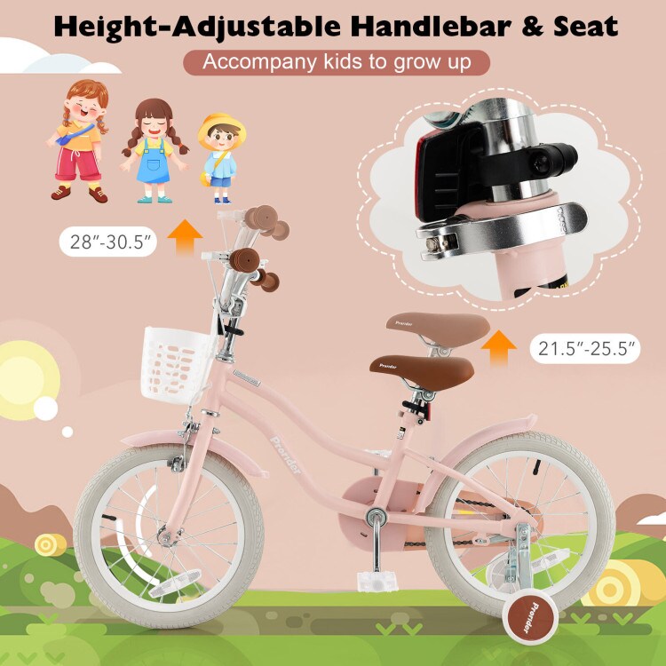 16 Inch Kids Adjustable Bike with Cute Basket for Storage and 2 Training Wheels