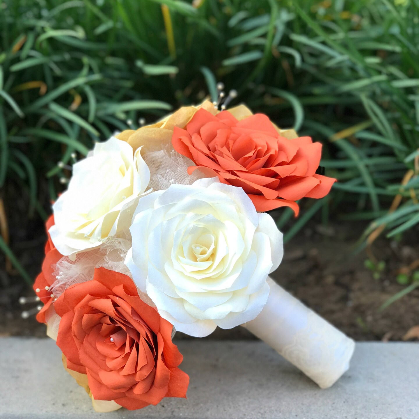 Burnt orange, ivory and gold paper rose bouquet in customizable