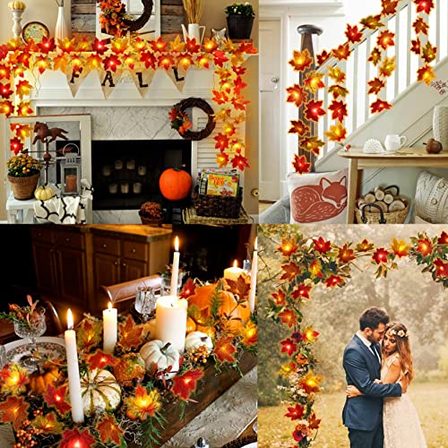 4 Pack Fall Decorations Maple Leaf Lights Garland, Total 40Ft 80LED Lights Battery Operated Fall Leaves Garland with Lights Wedding Autumn Harvest Lights String Home Indoor Outdoor Thanksgiving Decor