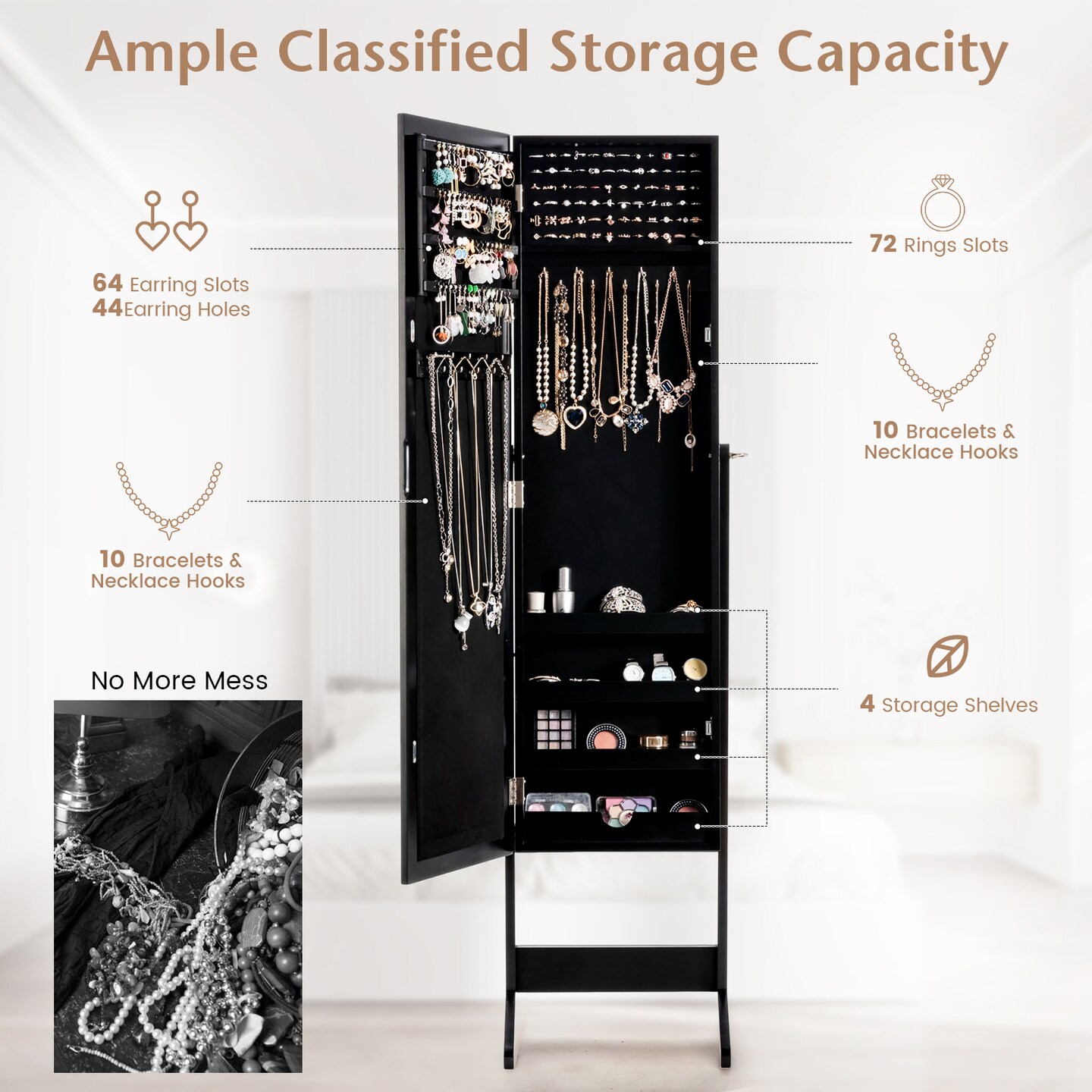 Full Length Mirrored Standing Jewelry Cabinet Storage Box