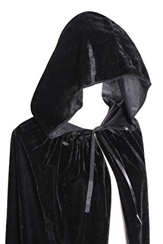 BIGXIAN Long Hooded Cloak Velvet Cape Witch Costume Halloween Costumes for Women Men (Black, Large)