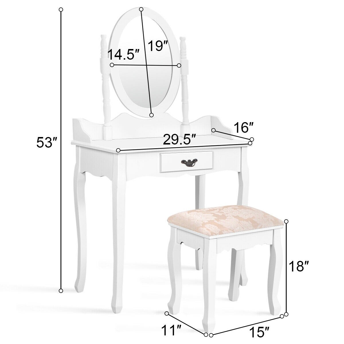 Wooded Vanity Table Set with Oval Mirror and Rotating Mirror