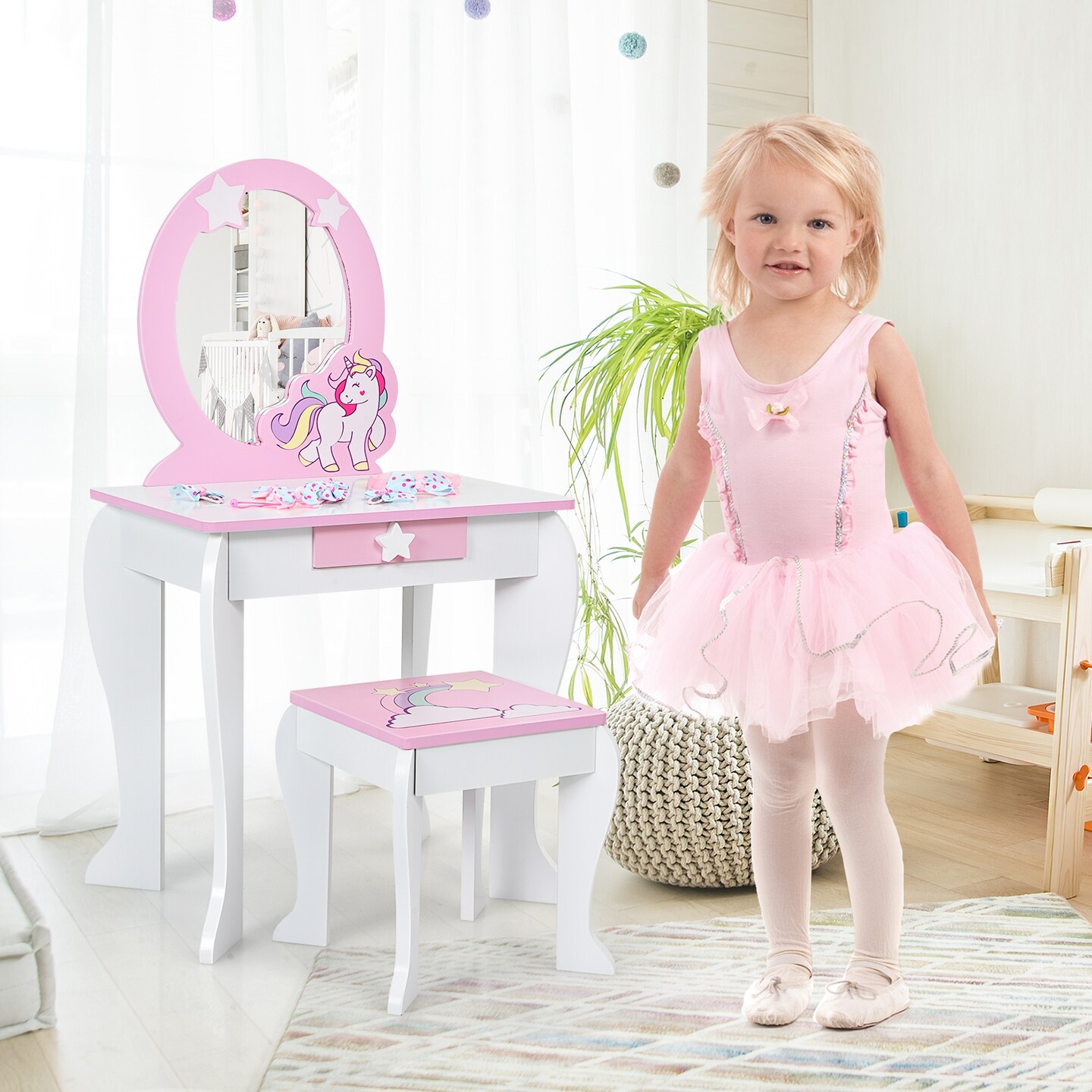 Kids Wooden Makeup Dressing Table and Chair Set with Mirror and Drawer
