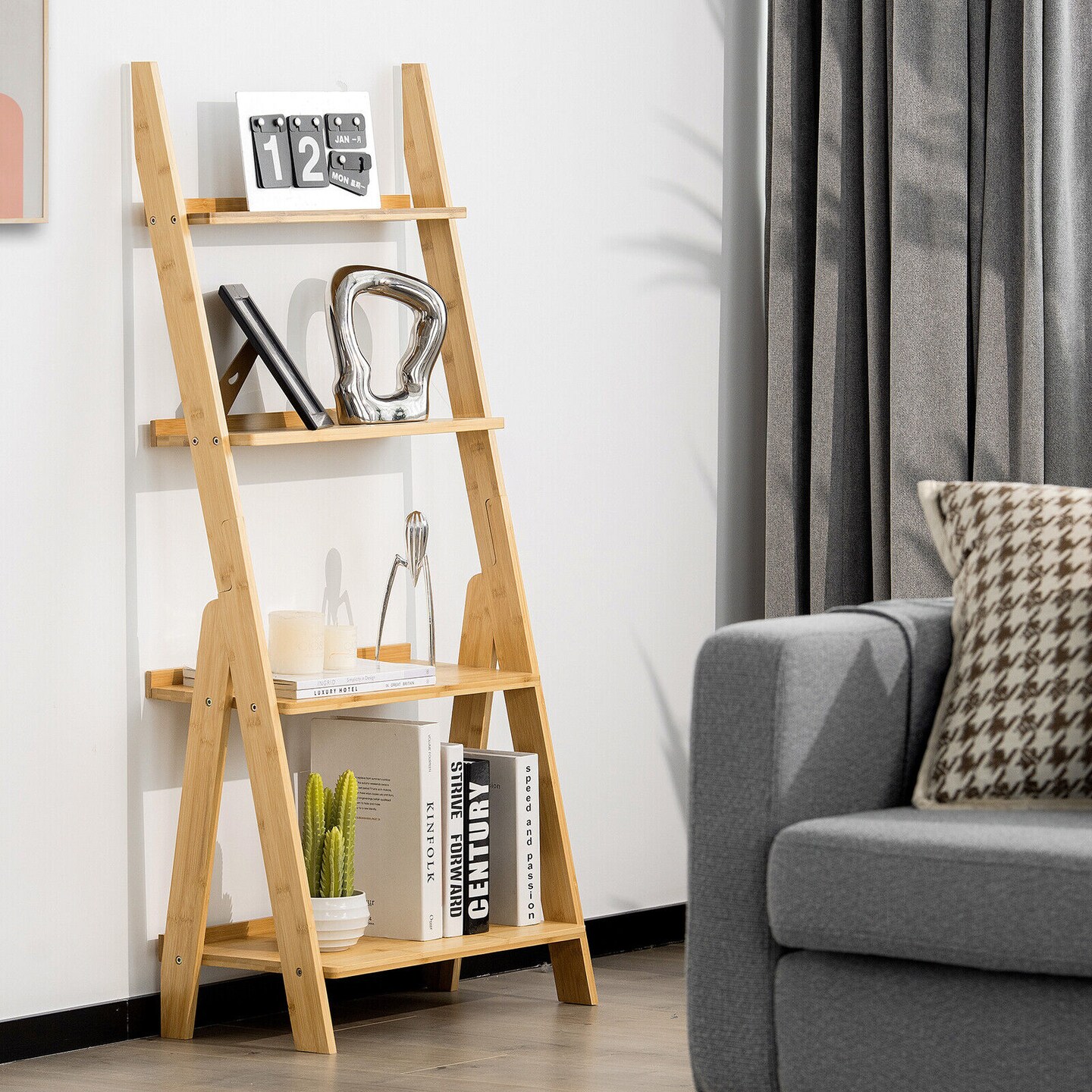 4-Tier Bamboo Ladder Shelf Bookcase for Study Room