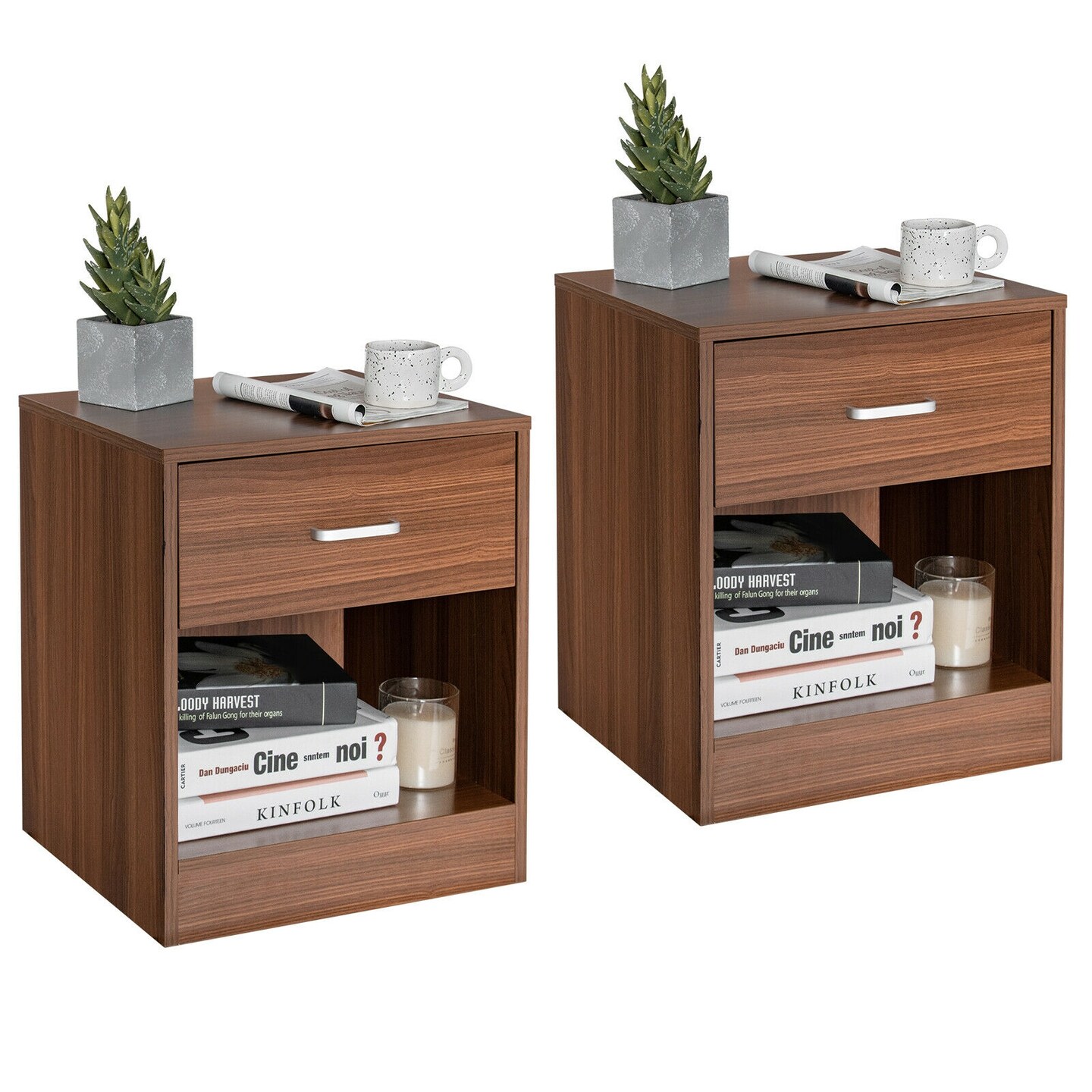 Set of 2 Modern Nightstand with Storage Drawer with Metal Handle and Large Open Shelf