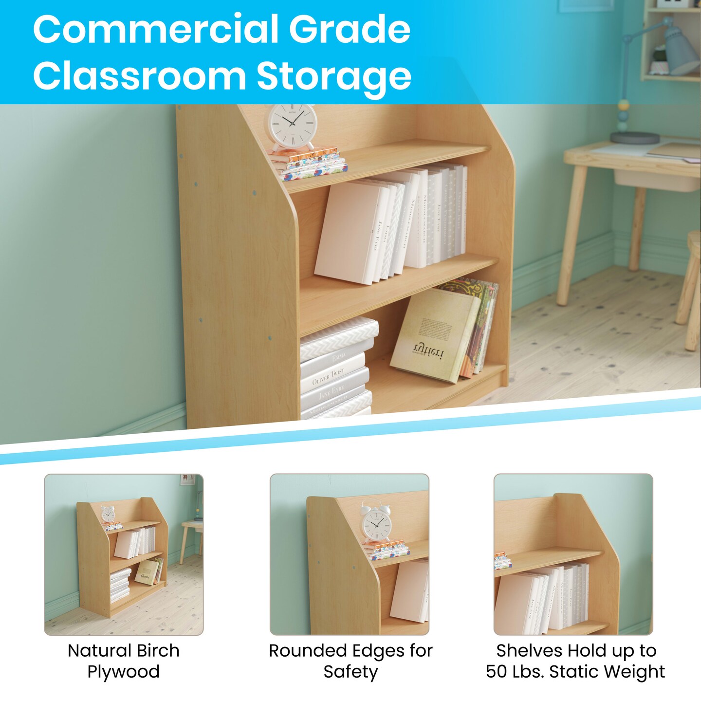 Emma and Oliver Kid&#x27;s Bookshelf or Toy Storage Shelf for Bedroom or Playroom in Wood Finish with Safe, Kid-Friendly Curved Edges