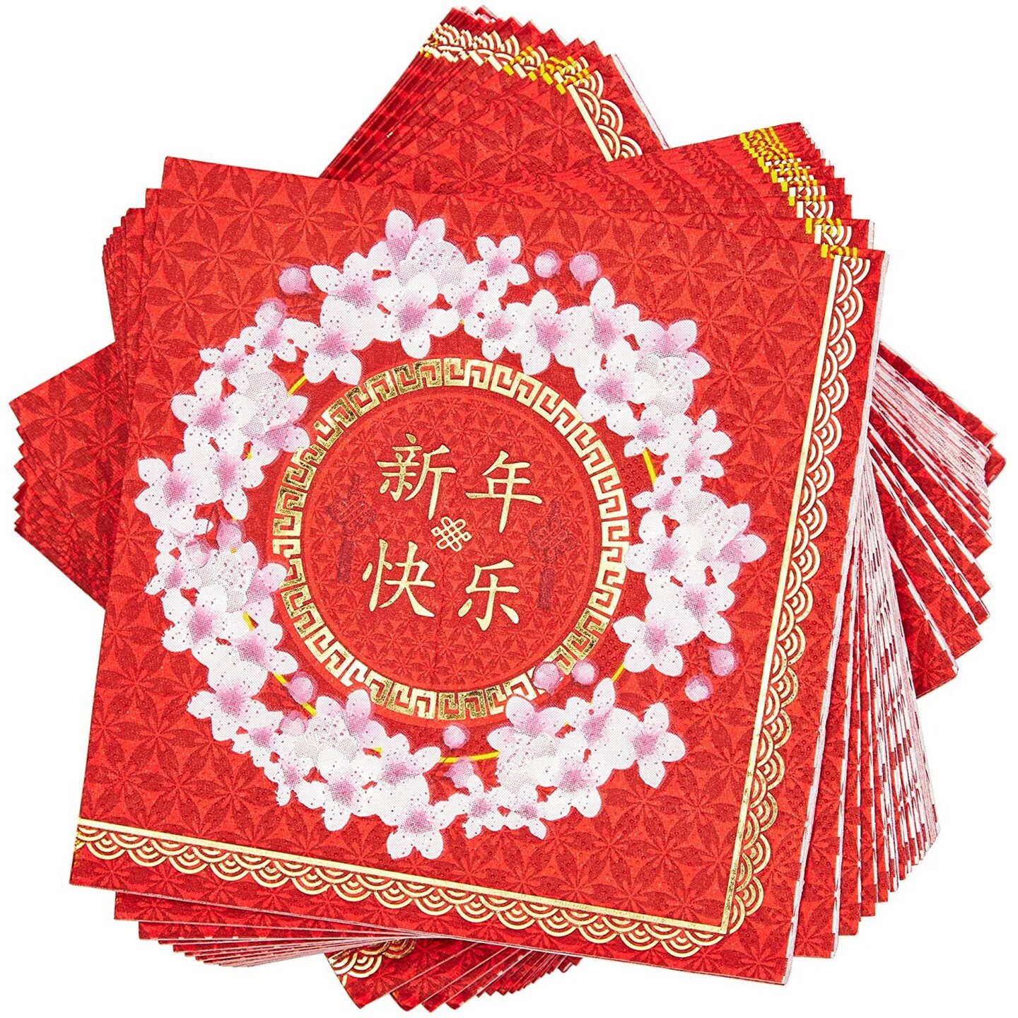 50 Pack Chinese New Year Napkins with Gold Foil, 5 x 5 inches, 3-Ply Red Disposable Paper Napkins for Party Favors, Tabletops, Celebrations, Spring Festival, Luncheons, Buffets, Decoration Supplies