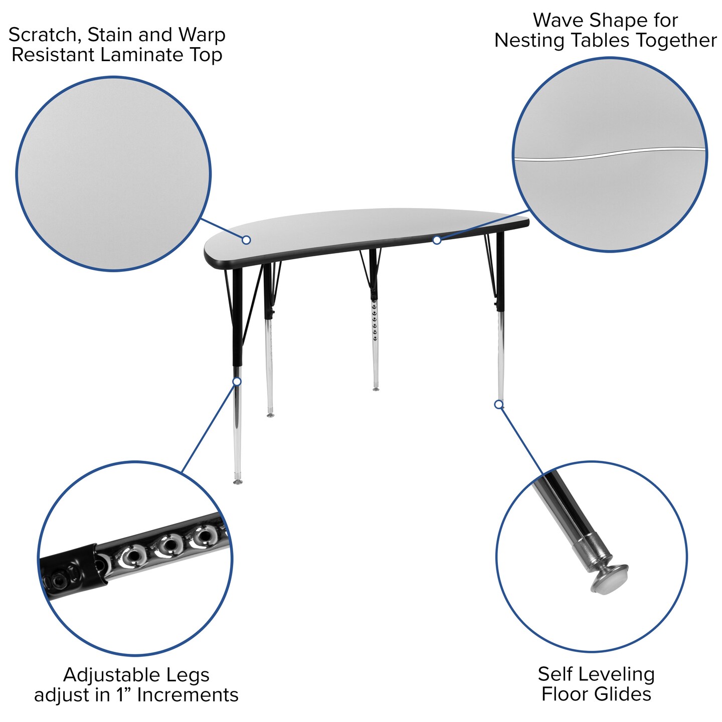 Emma and Oliver 47.5&#x22; Half Circle Wave Flexible Collaborative Adjustable Height Activity Table