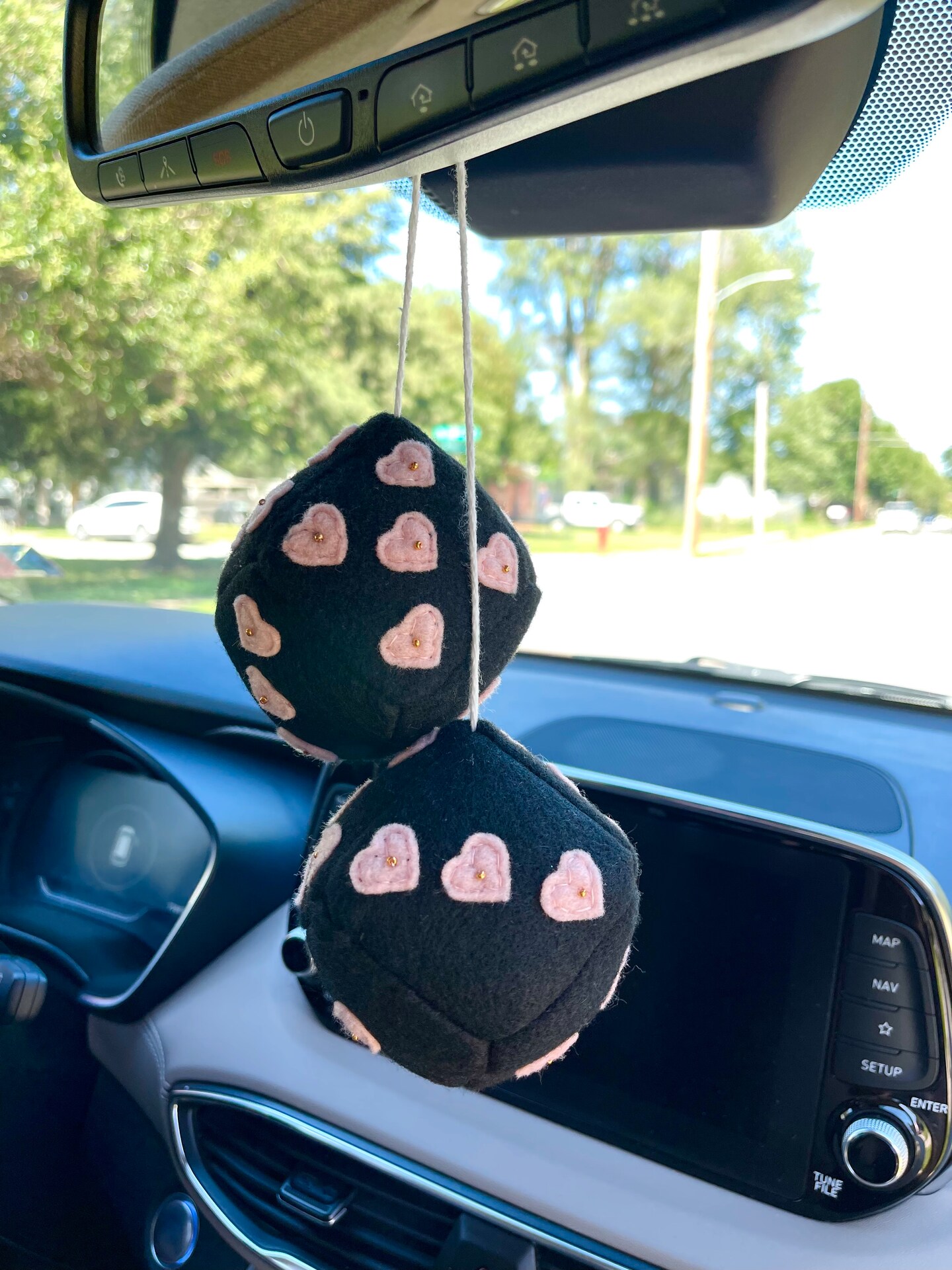 Chunky Black and Pink Hanging Dice for Cars or Room Decor, Gifts for Teens,  Rearview Mirror Accessories, Boho Retro Style