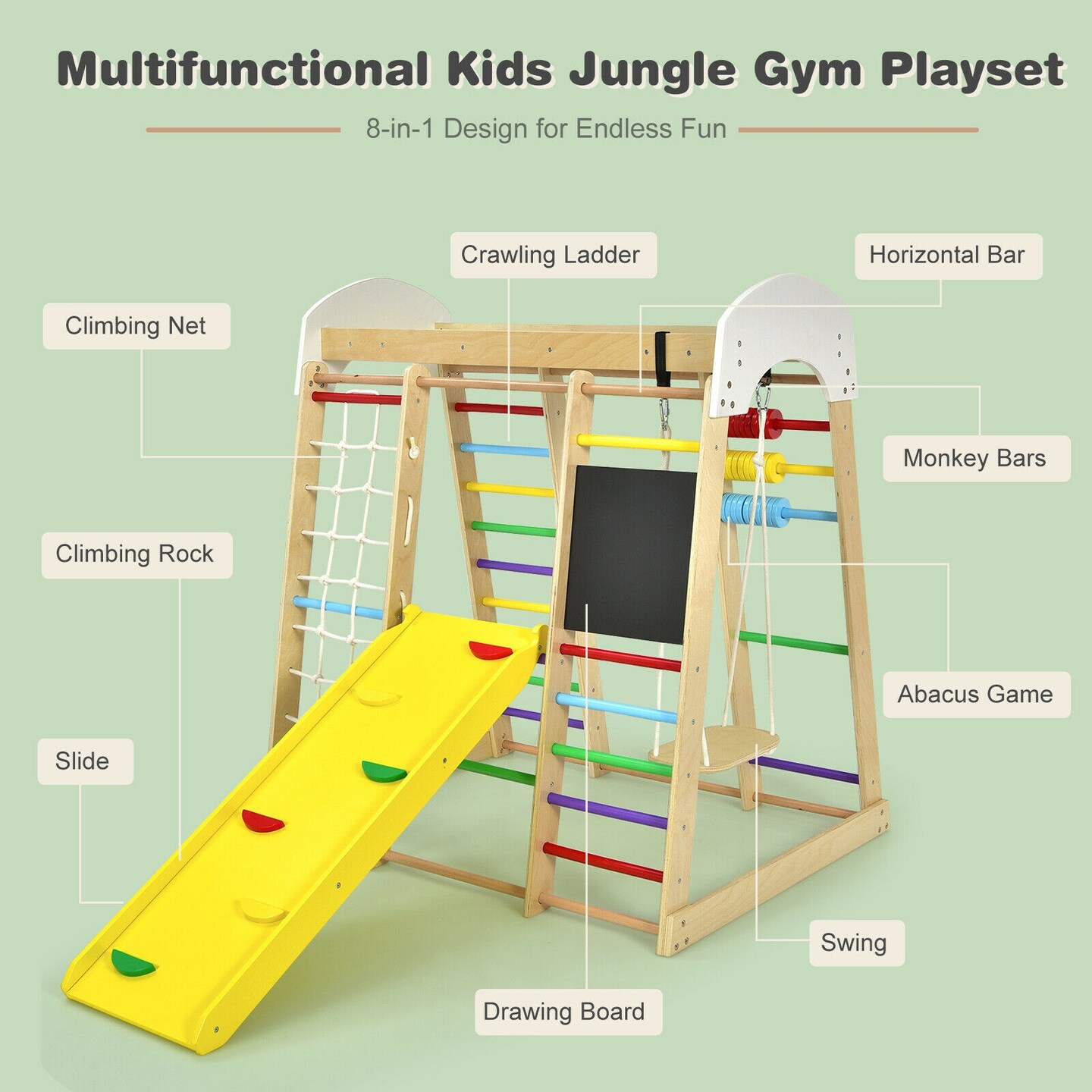 Indoor Playground Climbing Gym Wooden 8-in-1 Climber Playset for Children