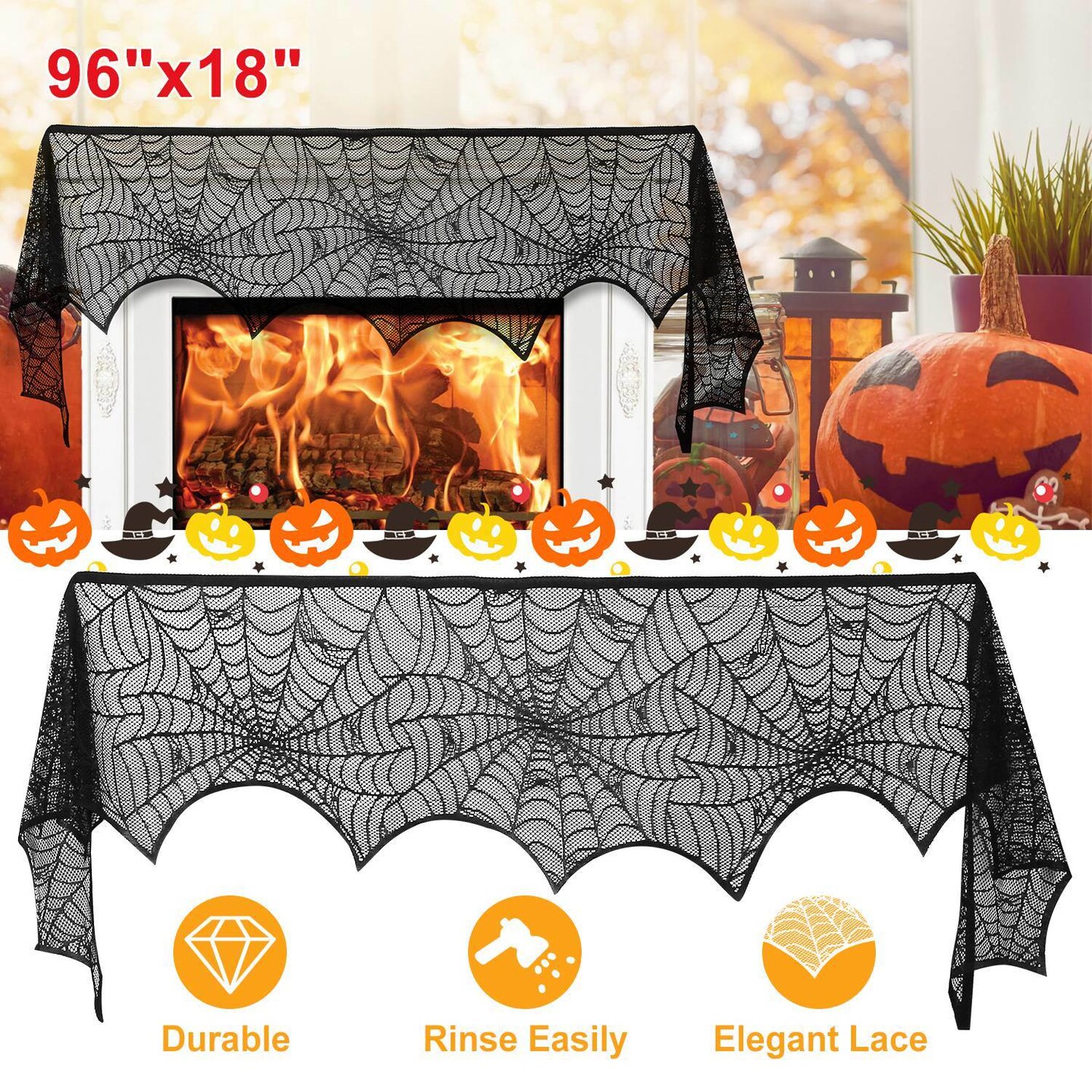 Halloween Decoration Black Lace Spiderweb Fireplace Mantle Scarf Cover