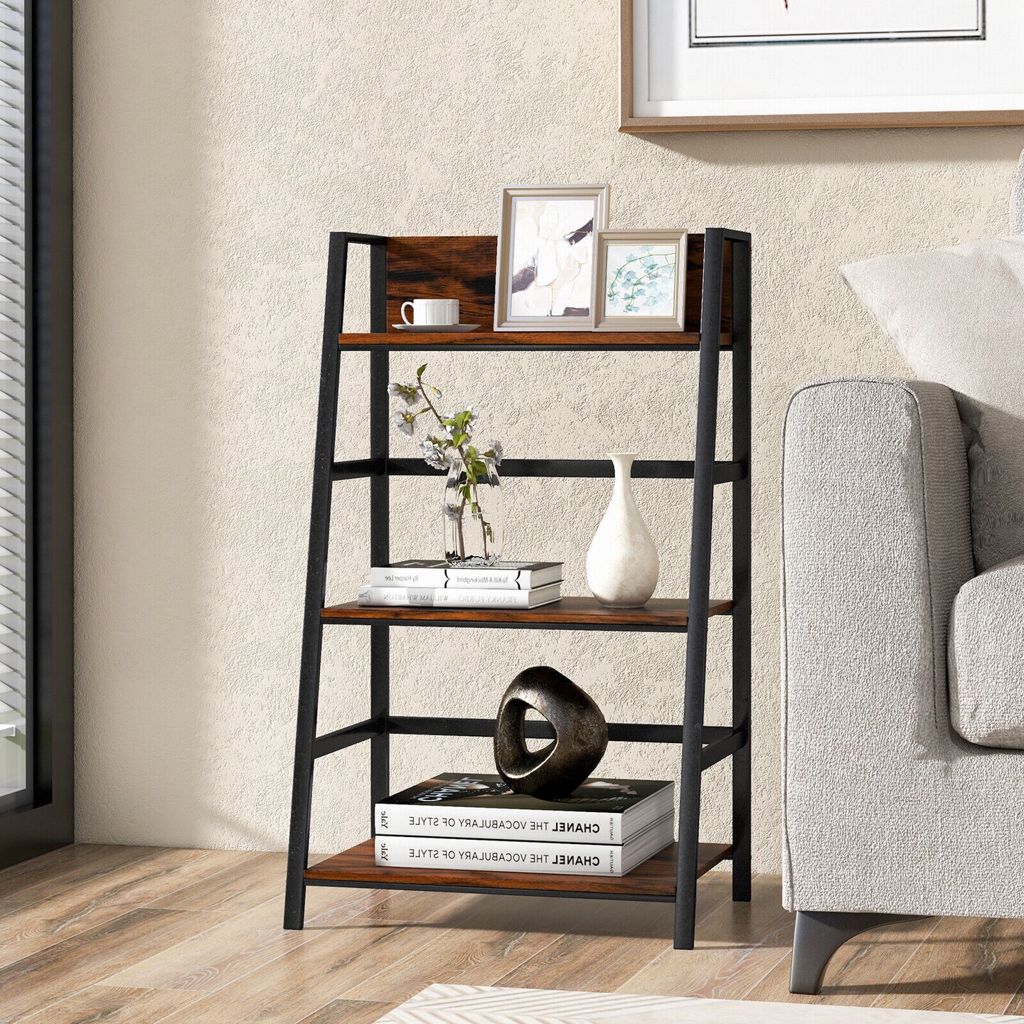 Ladder Shelf 3 Tier Open Storage for Living Room Rustic Brown Black
