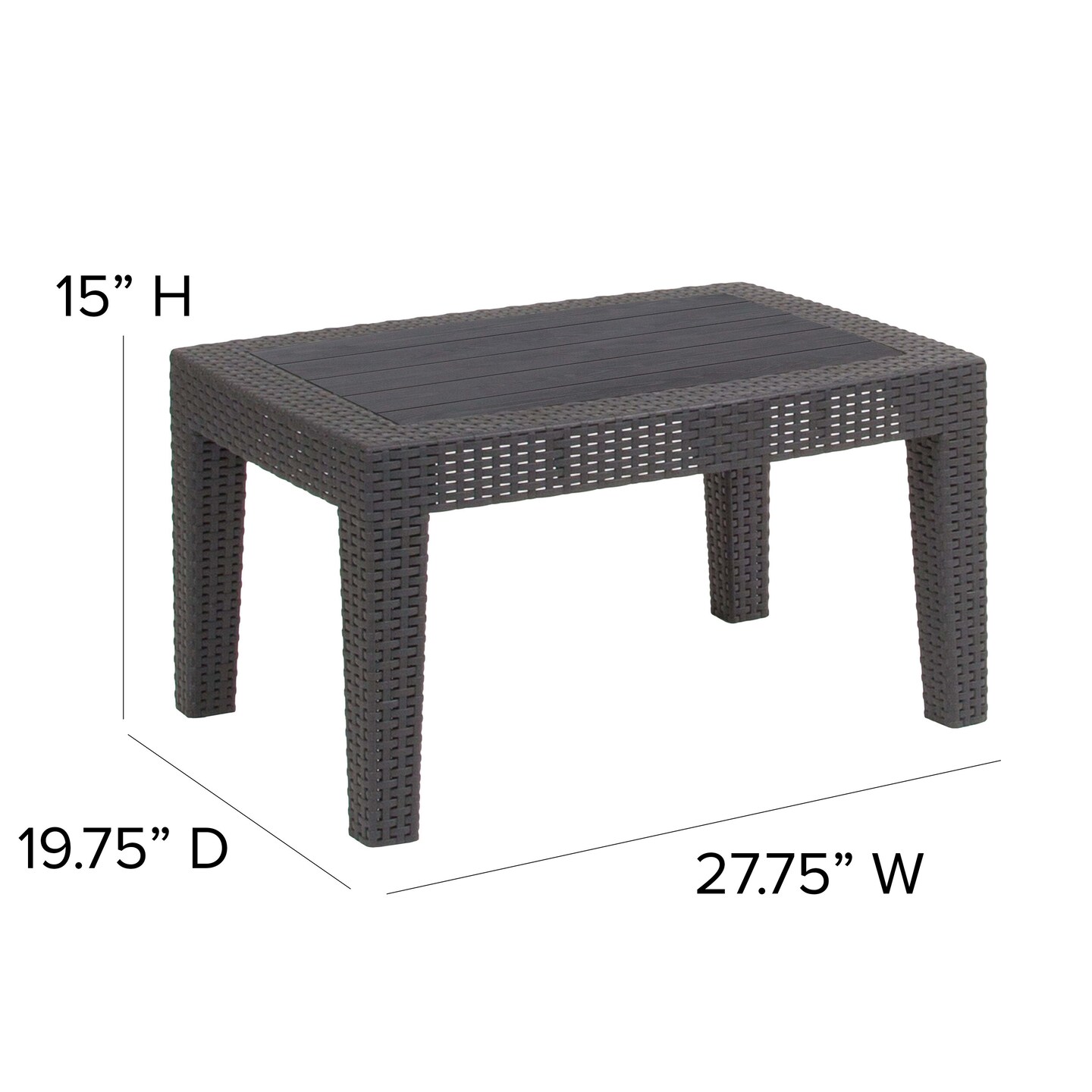 Merrick Lane Malmok Outdoor Coffee Table Faux Rattan Wicker Pattern Resin All-Weather Patio Coffee Table With Wood Plank Top Design