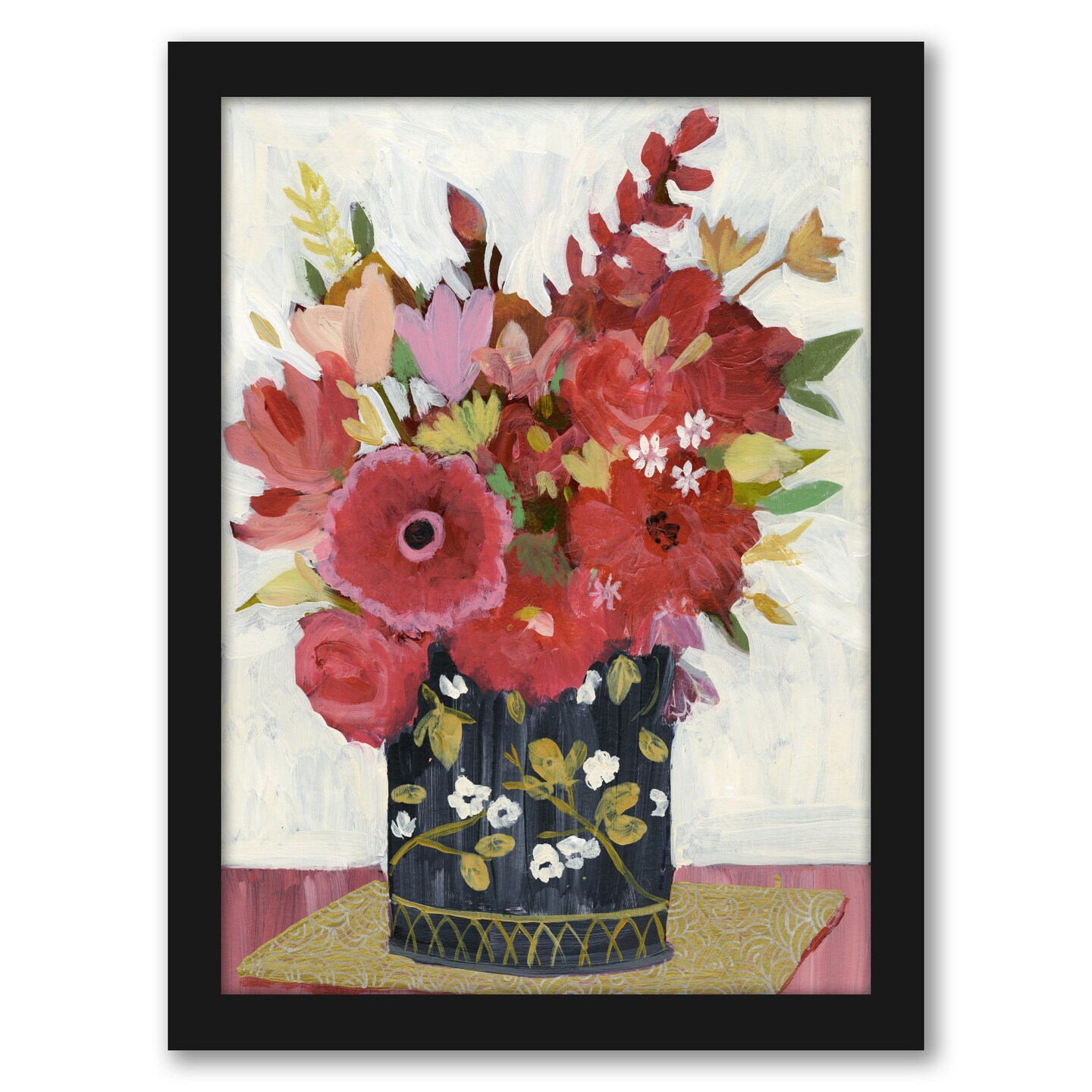 Asian Floral Gold Mat by Sharon Montgomery Black Framed Wall Art - Americanflat