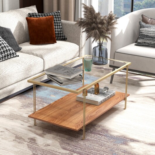 2 Tiers Rectangle Glass Coffee Table with White and Gold Steel Frame-Gold
