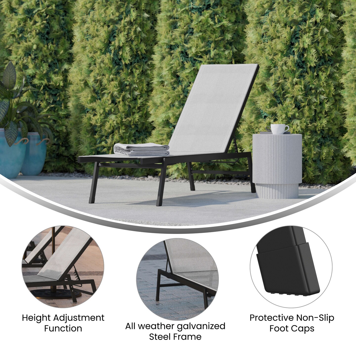 Emma and Oliver Braelin Textilene Adjustable 5 Position Patio Chaise Lounge and Metal Frame