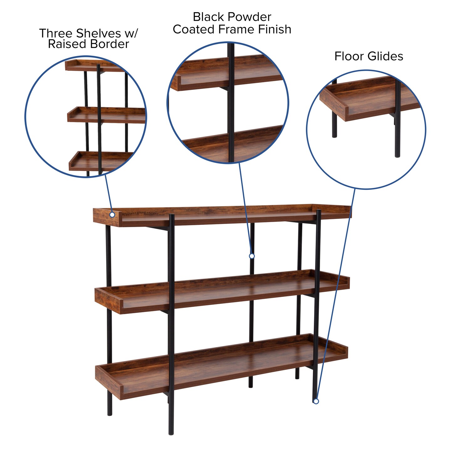 Merrick Lane Madison Industrial Style 3 Tiered Shelving Unit With Metal Frame and Raised Border - 35"H