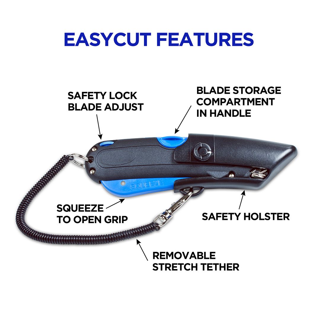 Garvey Box Cutter Knife with Shielded Blade Storage Compartment, Self-Retracting Cutter with Belt Holster for Boxes, Carboard, Cartons and Plastics, Black and Blue (091524)