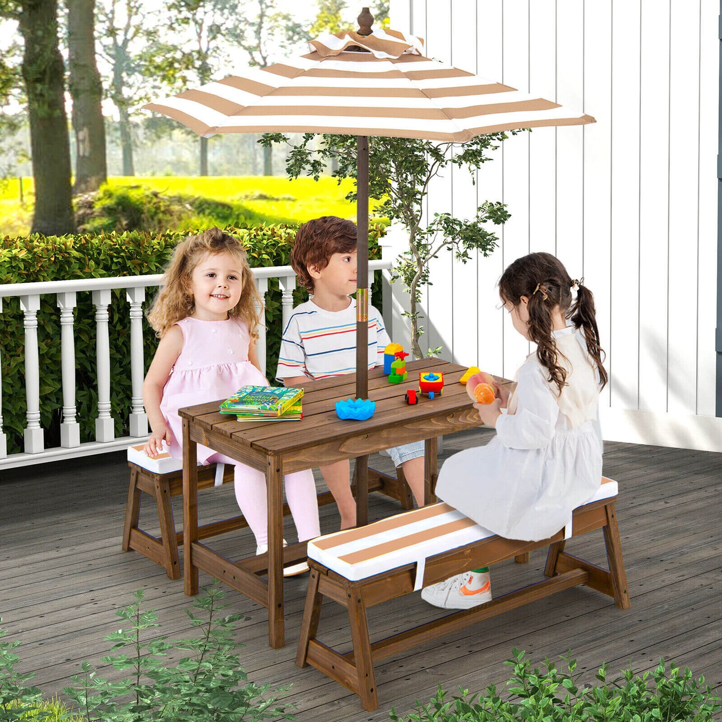 Kids Picnic Table and Bench Set with Cushions and Height Adjustable Umbrella