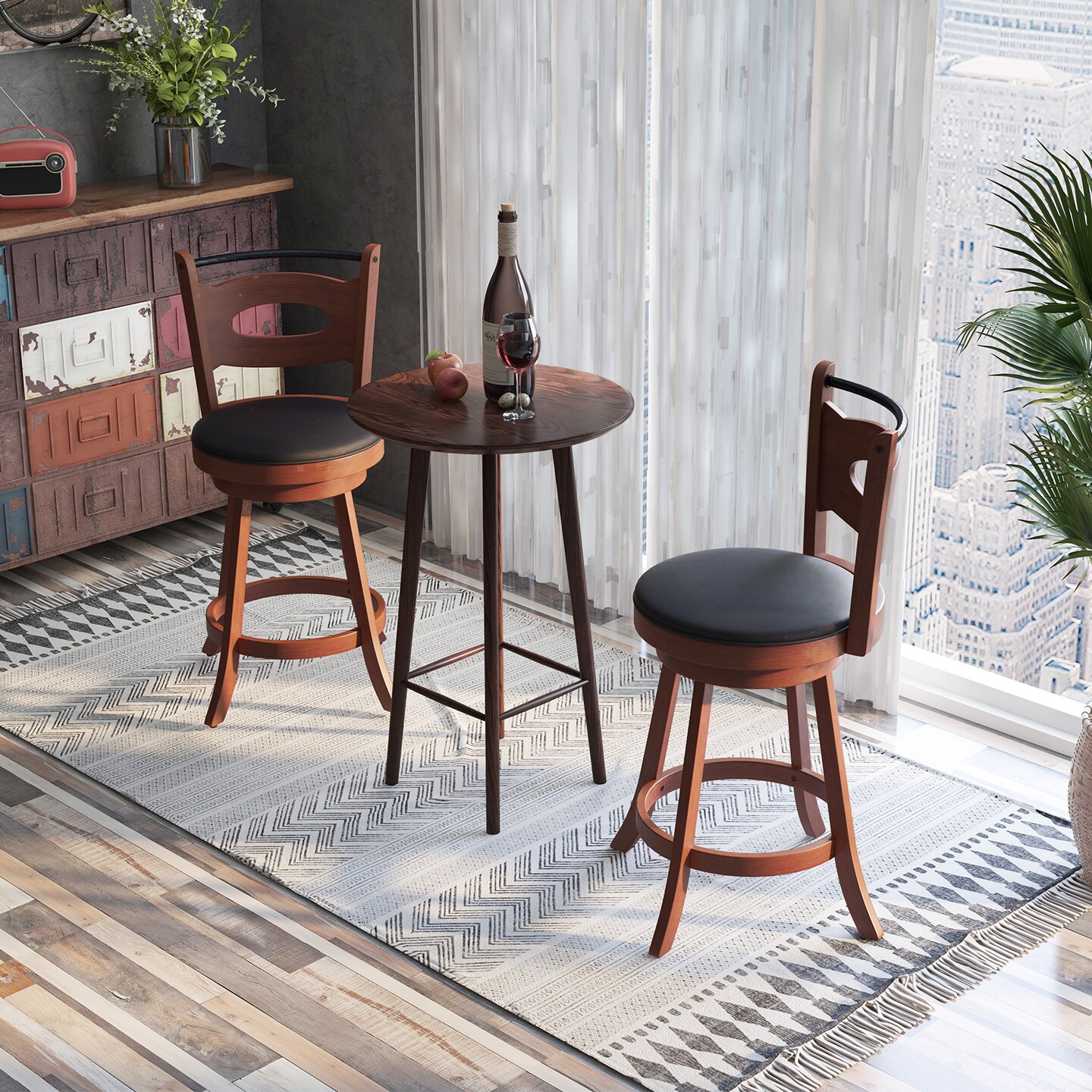 Brown Black Rubber Wood Swivel Bar Stools Cut-Out Back