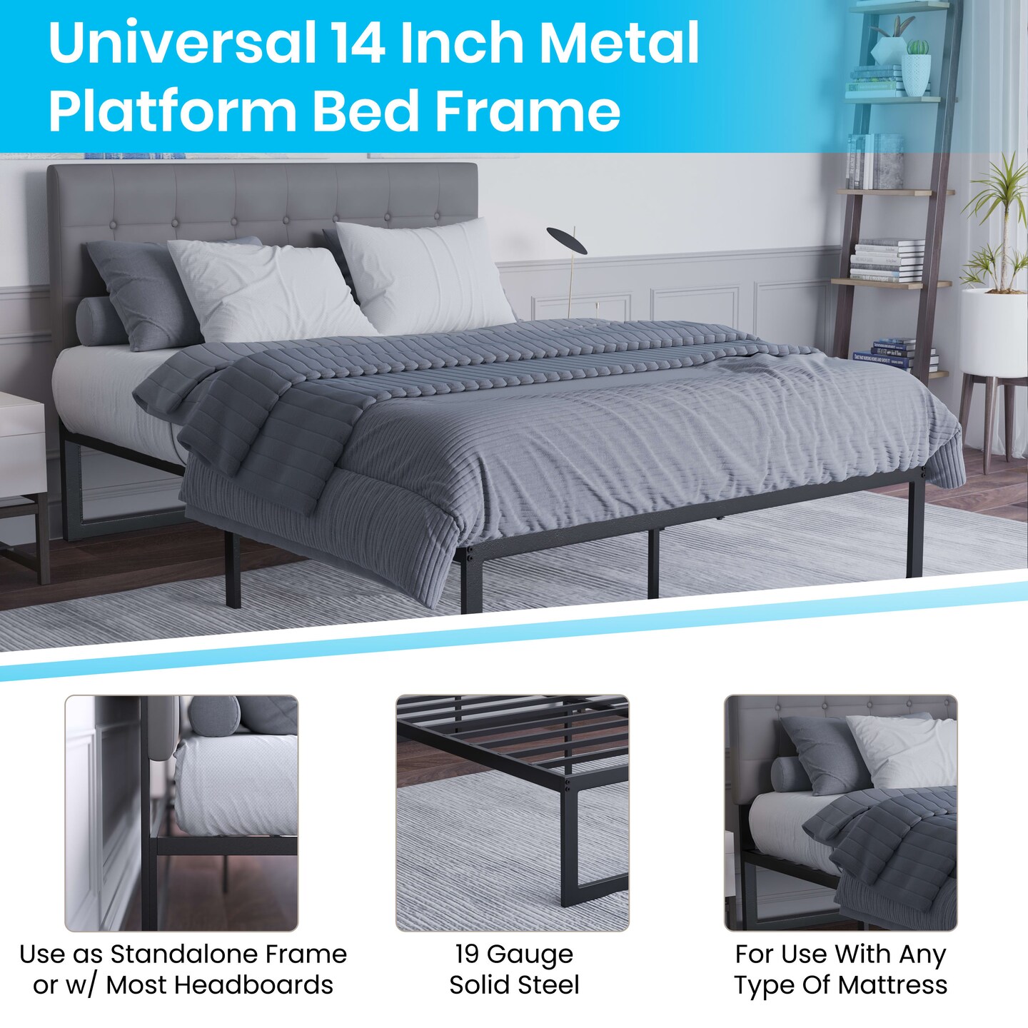 Emma and Oliver 14&#x22; Metal Platform Bed with Steel Slat Support and 12.5&#x22; of Underbed Storage - No Box Spring or Foundation Required
