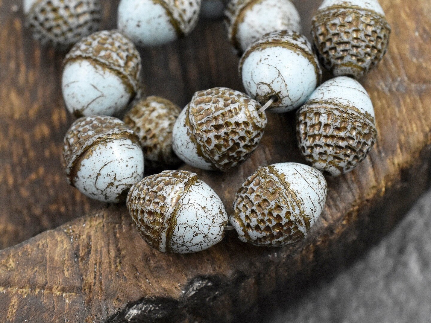 *8* 10x12mm Brown Washed Robins Egg Blue Acorn Oval Beads