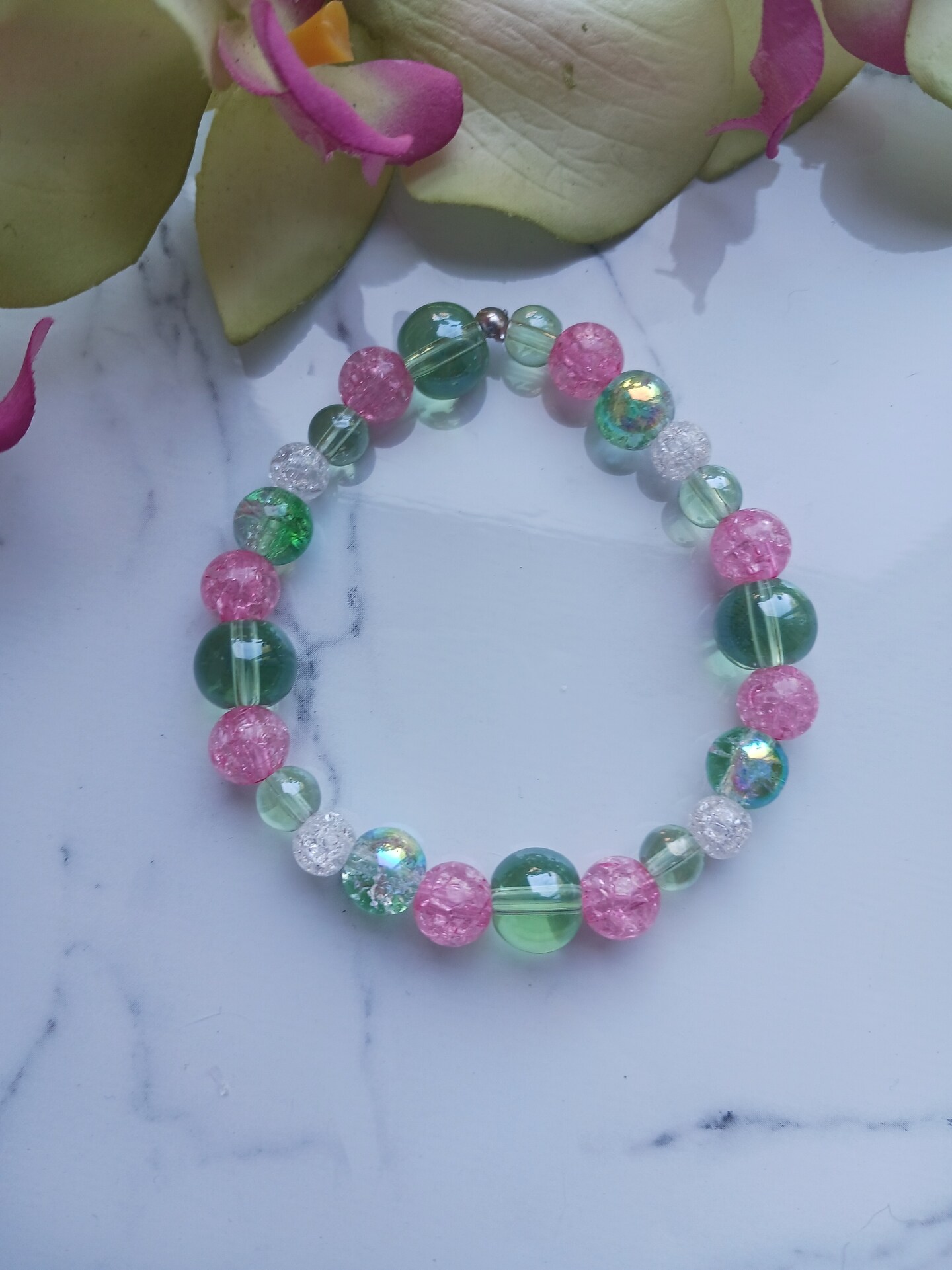 Handmade glass bead bracelet set, pink and green bracelet stack