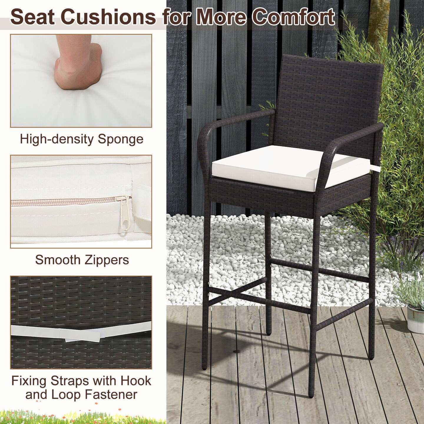 Patio PE Rattan Barstool Set with Armrests and Removable Seat Cushions Ideal for Outdoor Use