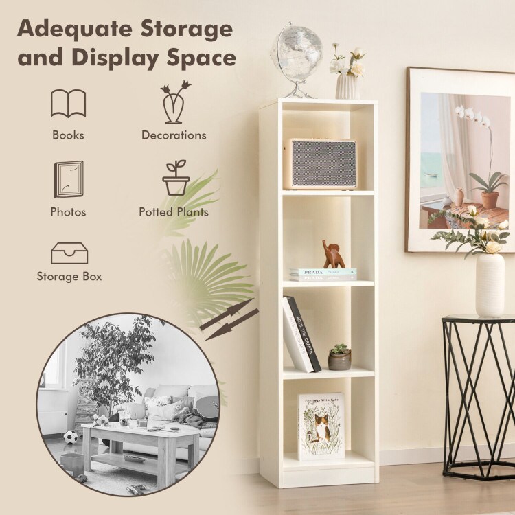 White 5-Tier 4-Cube Narrow Bookcase Tall Storage Shelf Organizer for Living Room or Bedroom