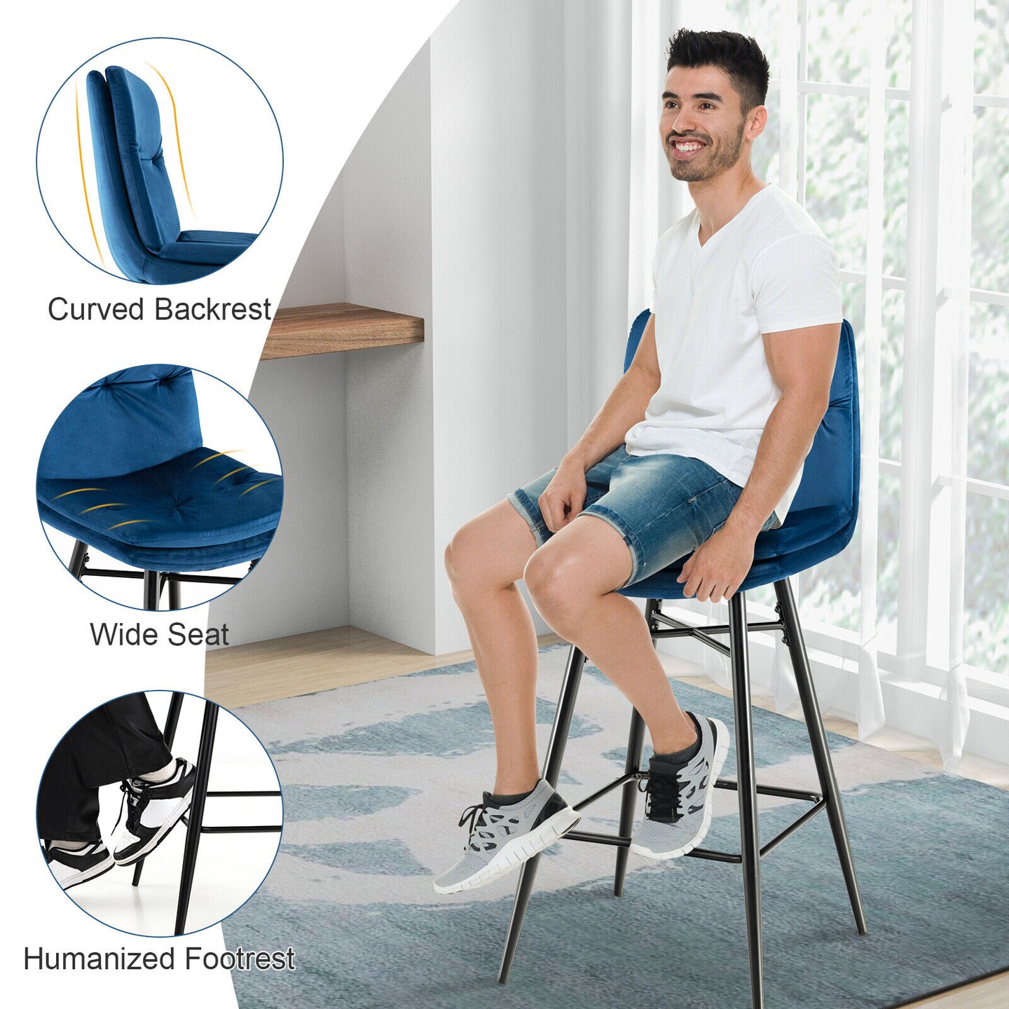 29 Inch Velvet Bar Stools Set with Tufted Back and Footrests- Set of 2