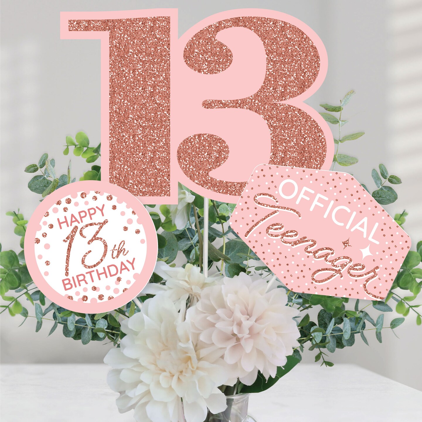 Big Dot of Happiness 13th Pink Rose Gold Birthday - Happy Birthday Party Centerpiece Sticks - Table Toppers - Set of 15